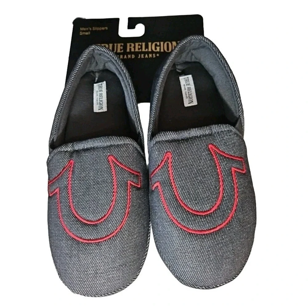 True Religion Denim Black Red Logo ‎ Men's Shoes Slippers Size Small (7-8)